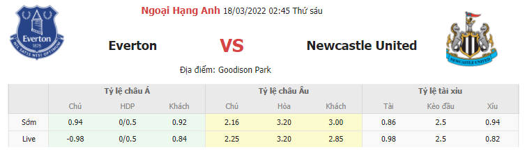 Soi keo tai xiu Everton vs Newcastle